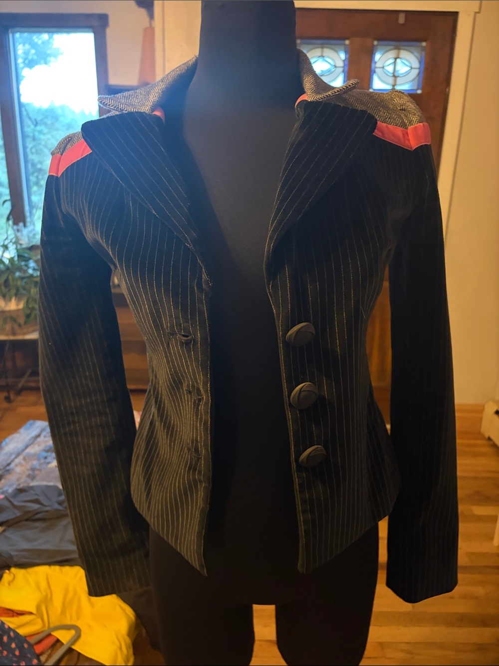 Petro Zillia Black Pinstripe Blazer with Pink Shoulder Detail